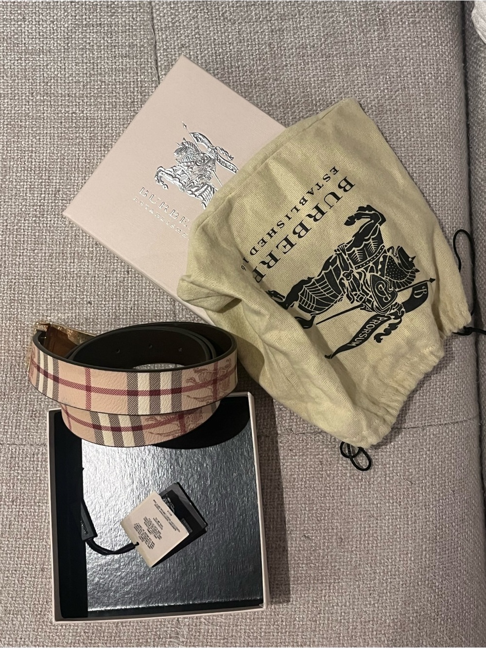 Burberry Beige/Tan Check Canvas Belt with Gold-Tone Buckle